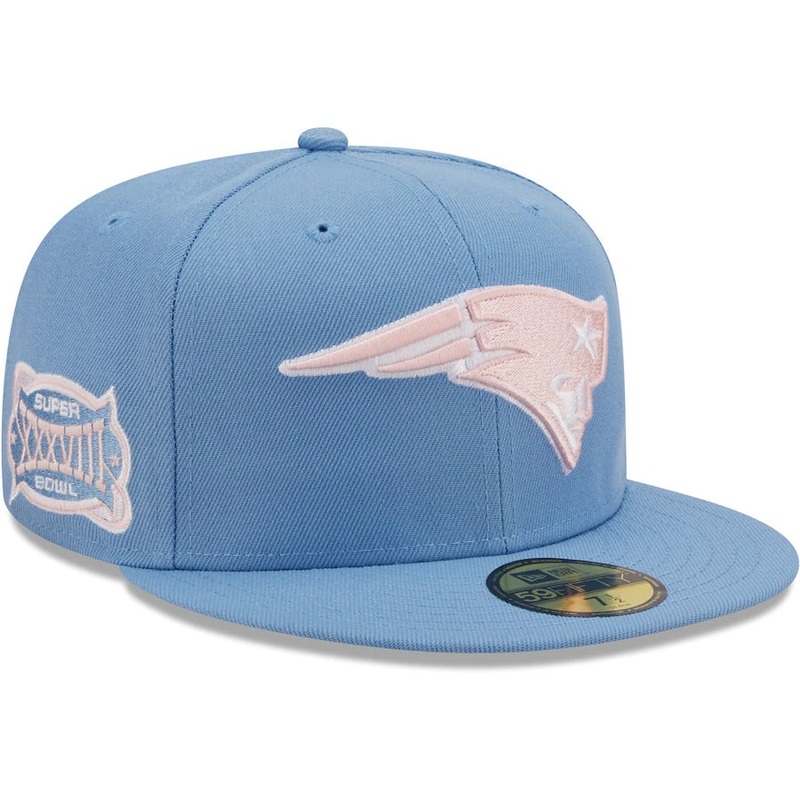 New Era New England Patriots Light Blue Super Bowl XXXVIII Pink Undervisor 59FIFTY Fitted Hat