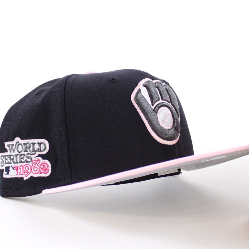 Milwaukee Brewers 1982 World Series New Era 59Fifty Fitted Hat (GITD Navy Pink Gray Under Brim) 7