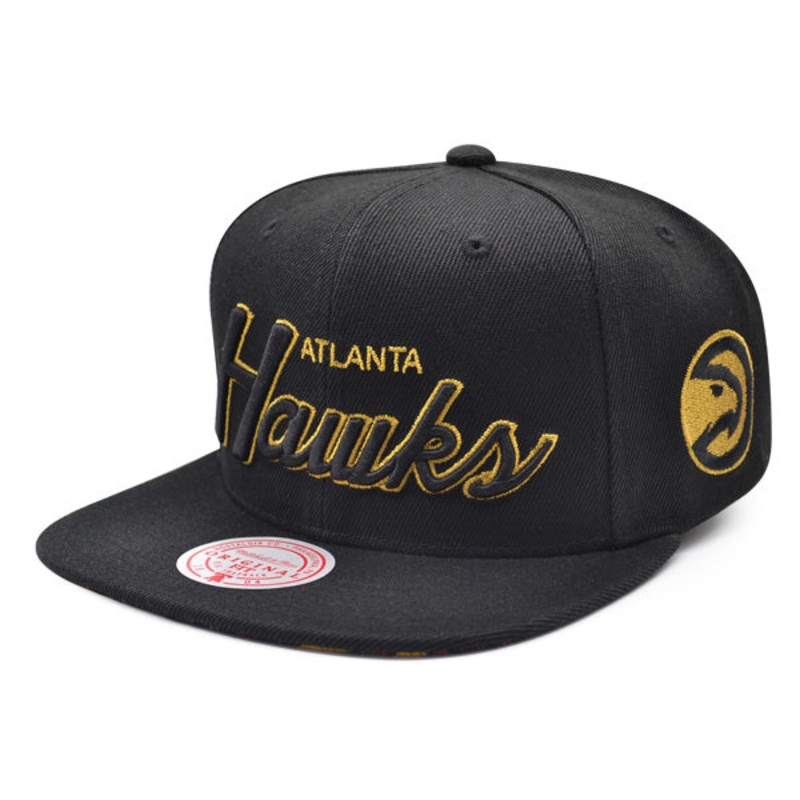 Atlanta Hawks Mitchell & Ness BHM Script Snapback Hat – Black/Metallic Gold