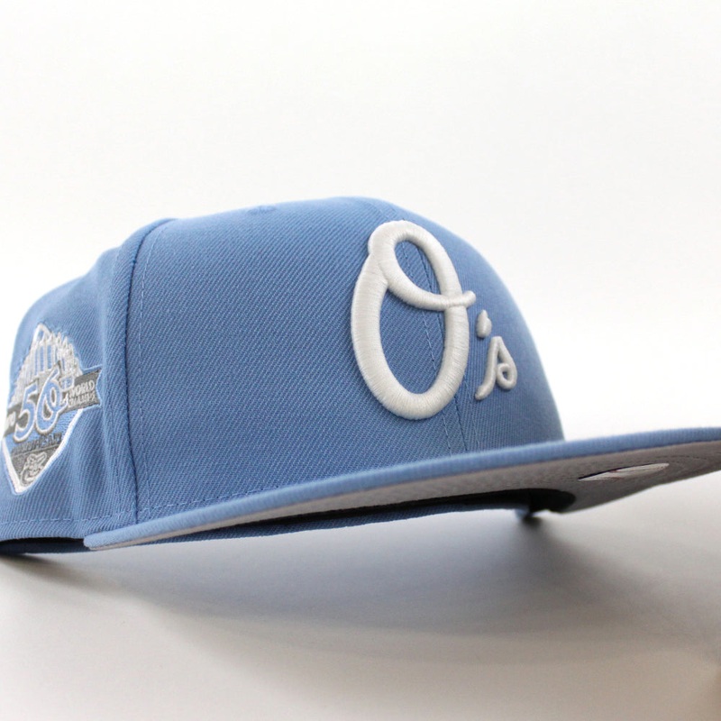 Baltimore Orioles 50th Anniversary 59Fifty New Era Fitted Hat (GITD Sky Blue Gray Under Brim) 7