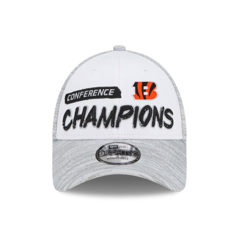 Cincinnati Bengals New Era 2021 AFC Champions Locker Room 9FORTY Snapback Adjustable Hat – White/Heathered Gray