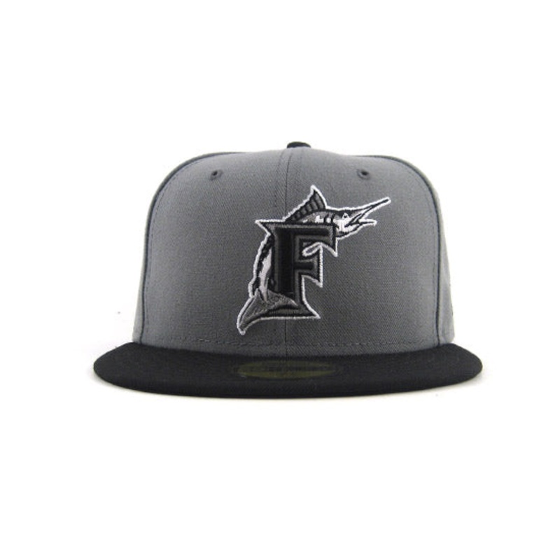 Florida Marlins New Era Fitted 59FIFTY Hat (STORM GREY BLACK Air Jordan Retro 4 Oreos) 7 1/4