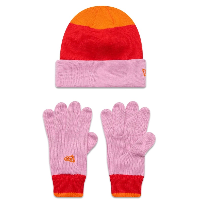 New Era Youth Stripe Pastel Pink Beanie and Gloves Set Youth