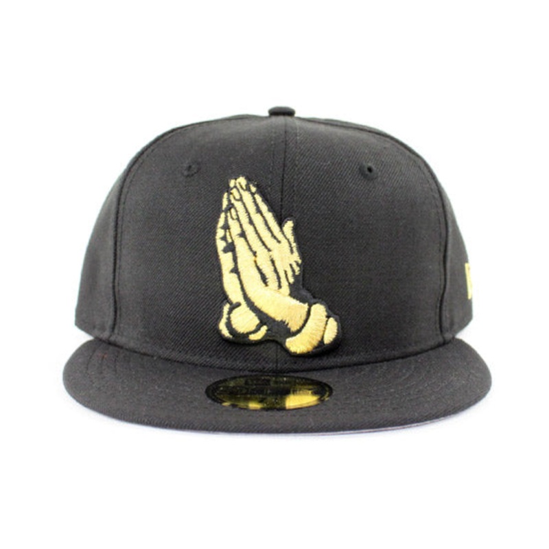 Praying Hands New Era 59Fifty Fitted Hats (Black Gold Gray Under Brim) 7 3/4