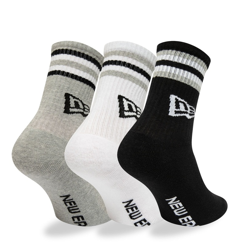 New Era Retro Stripe 3 Pack Crew Black, Grey and White Socks 2-5