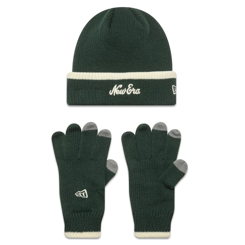 New Era Script Dark Green Beanie and Gloves Set OSFM