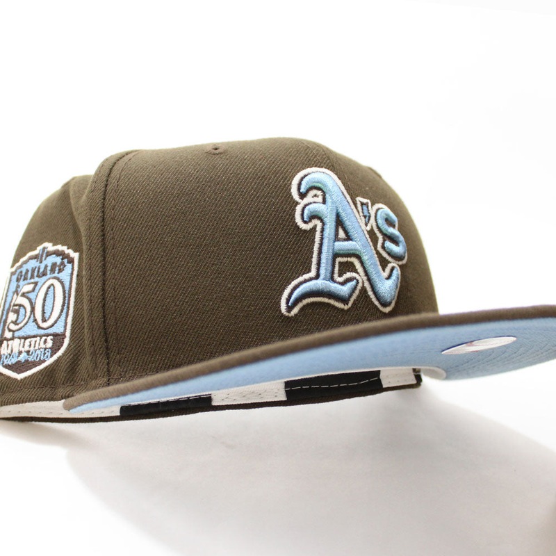 Oakland Athletics 50th Anniversary New Era 59Fifty Fitted Hat (Glow in the Dark Walnut Sky Blue Under Brim) 6 7/8