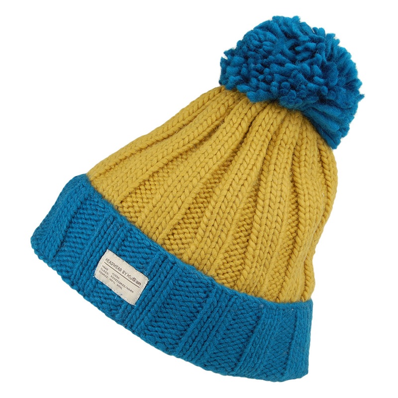 Kusan Ribbed Turn Up Bobble Hat – Blue-Yellow 1-Size