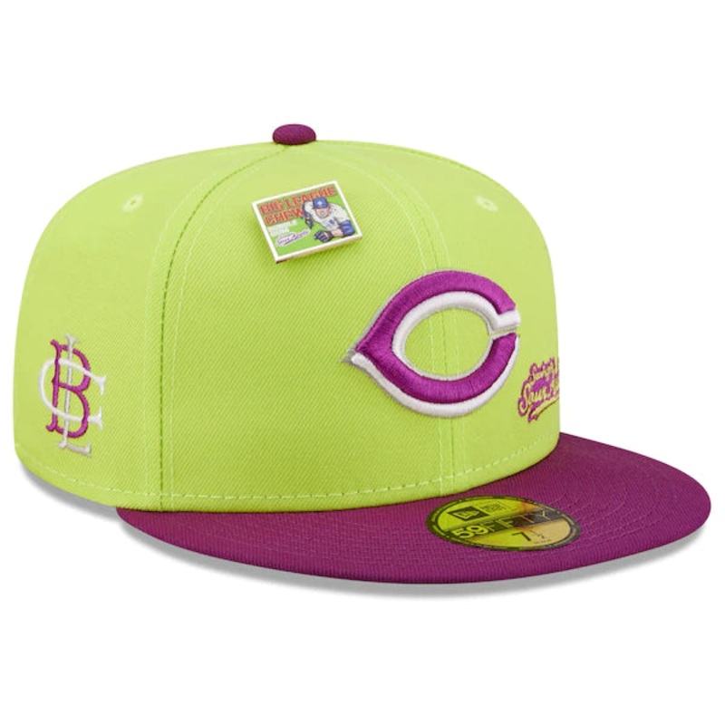 New Era MLB x Big League Chew  Cincinnati Reds Swingin’ Sour Apple Flavor Pack 59FIFTY Fitted Hat – Green/Purple