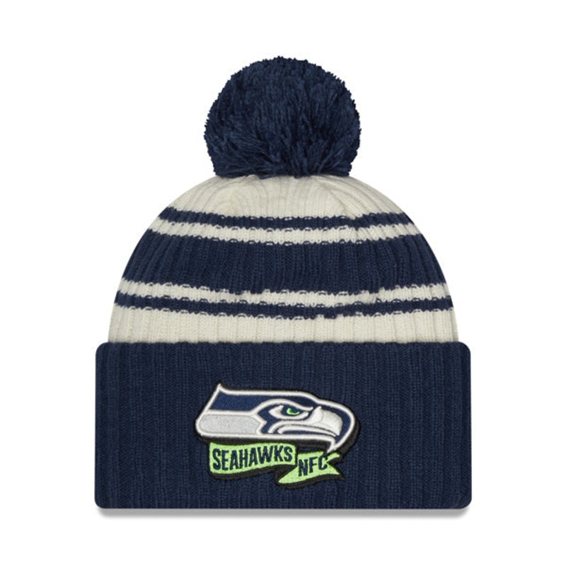 Seattle Seahawks New Era 2022 Sideline Sport Cuffed Pom Knit Hat – Cream/Navy