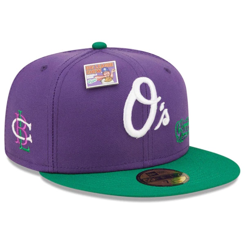 New Era MLB x Big League Chew  Baltimore Orioles Ground Ball Grape Flavor Pack 59FIFTY Fitted Hat – Purple/Green