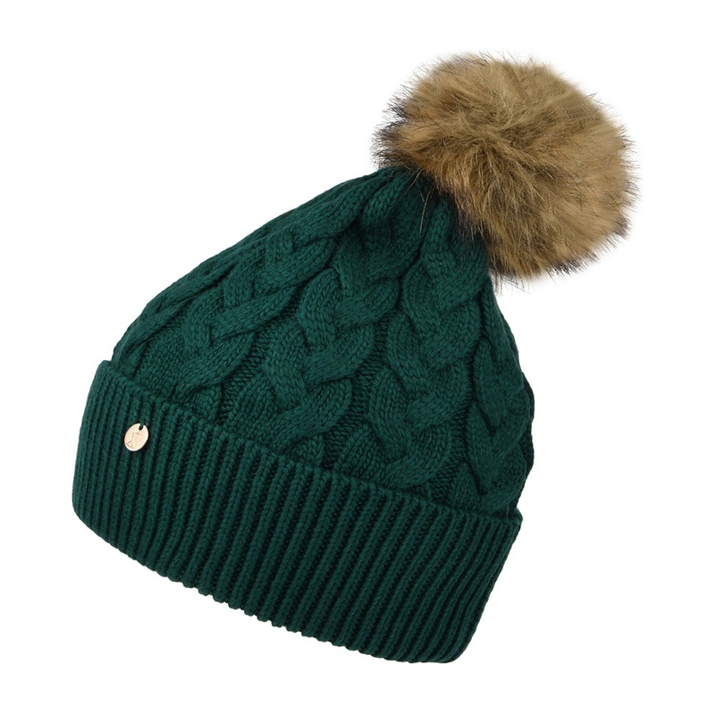 Joules Hats Elena Cable Knit Faux Fur Pom Bobble Hat – Teal 1-Size