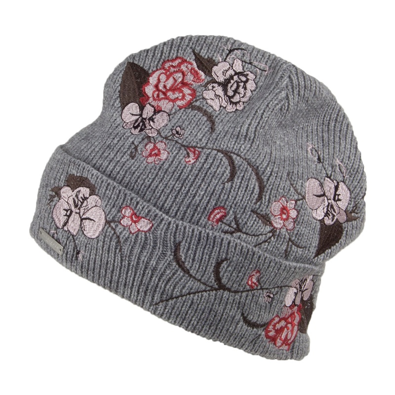 Seeberger Hats Embroidered Flower Beanie Hat – Grey 1-Size