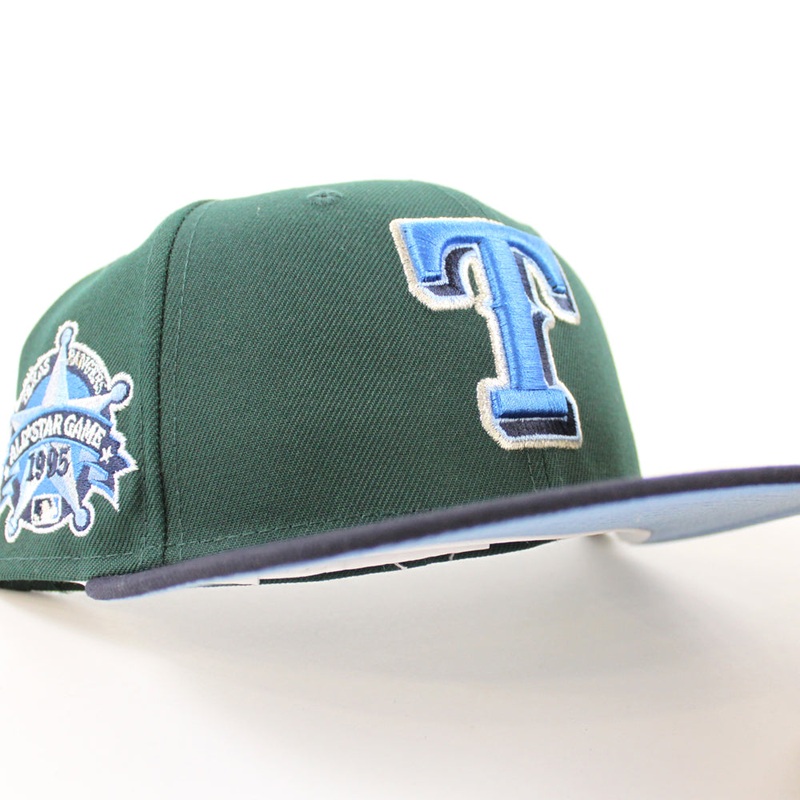 Texas Rangers 1995 All Star Game New Era 59Fifty Fitted Hat (Dark Green Navy Sky Blue Under Brim) 7