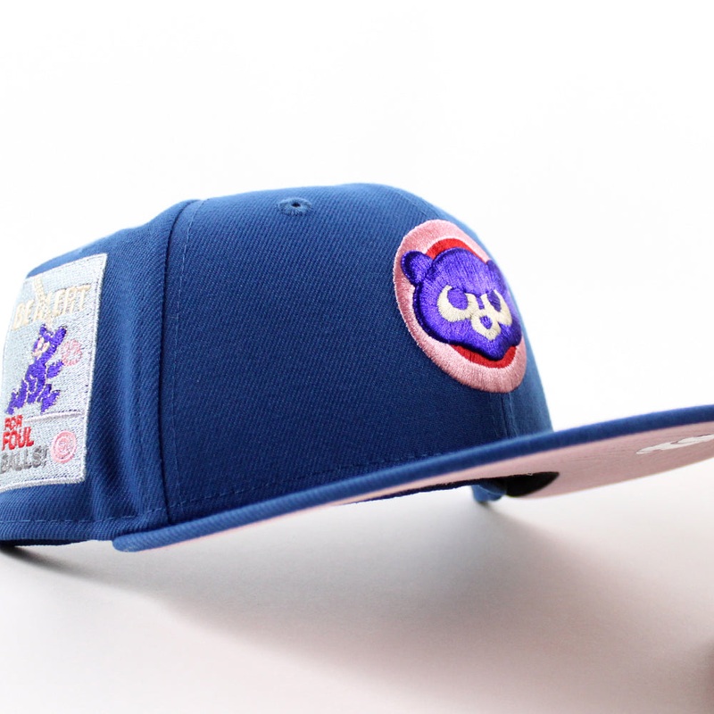 Chicago Cubs be Alert For Foul Balls New Era 59Fifty Fitted Hat (Seashore Blue Pink Under Brim) 7