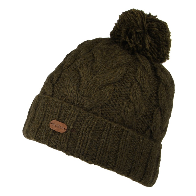 Kusan Cable Knit Turn Up Bobble Hat – Olive 1-Size