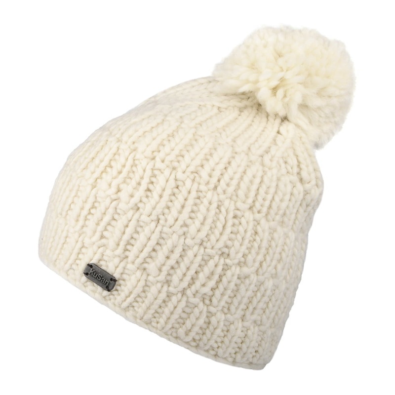 Kusan Moss Yarn Rib Cable Bobble Hat – Cream 1-Size