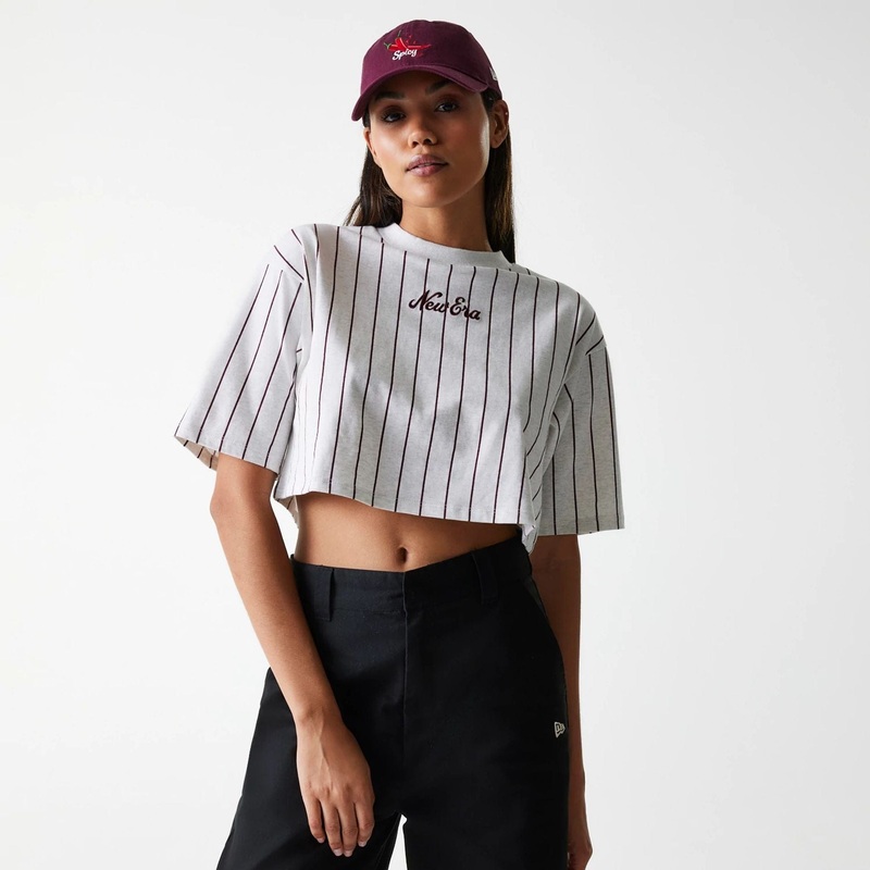 Womens New Era Pinstripe Pastel Grey Crop T-Shirt XS