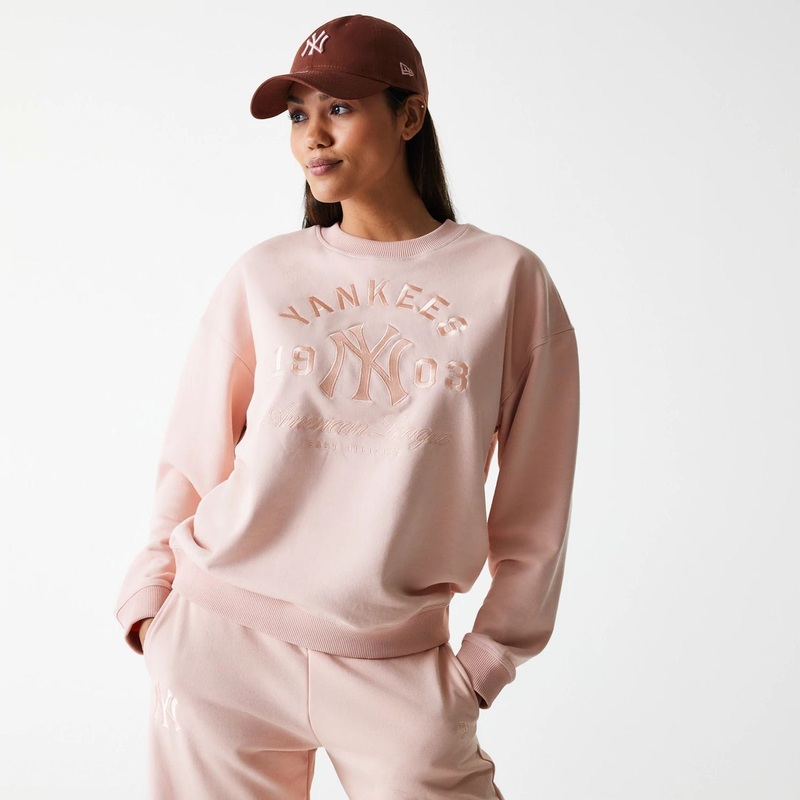 New York Yankees Womens MLB Tonal Graphic Pastel Pink Oversized Crew Neck Sweater XS