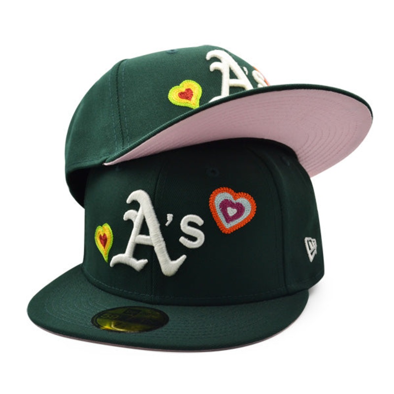 Oakland Athletics CHAINED HEARTS Exclusive New Era Fitted 59Fifty MLB Hat -Green/Pink 7