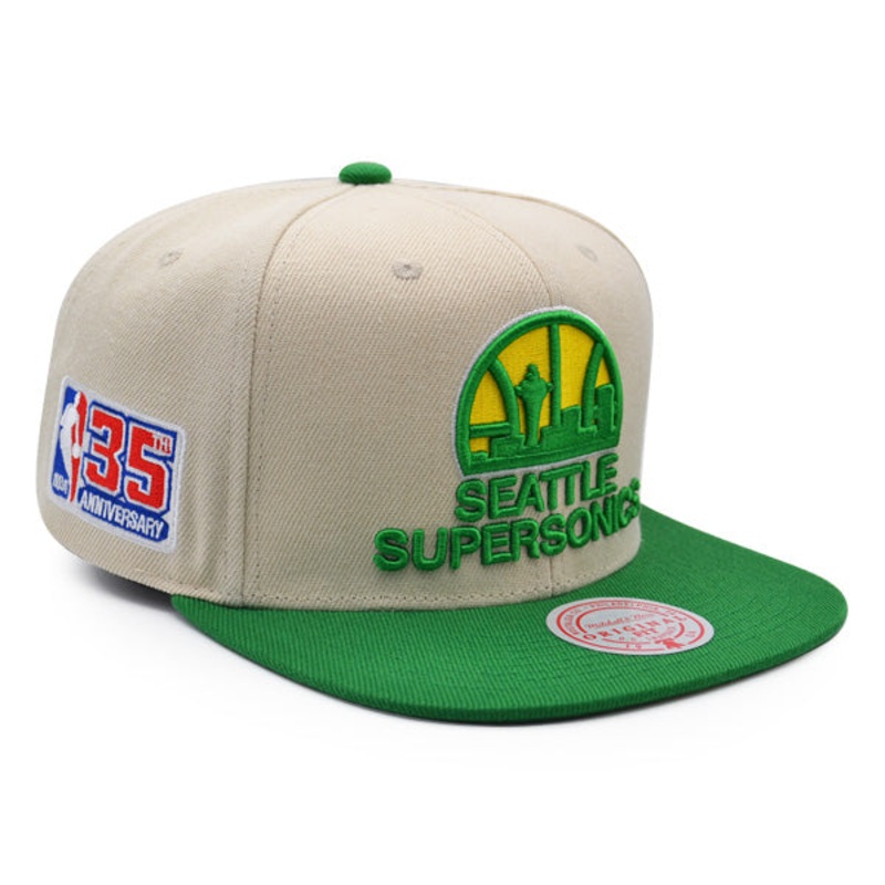 Seattle Supersonics 35th Anniversary Mitchell & Ness Snapback Hat – Off White/Green
