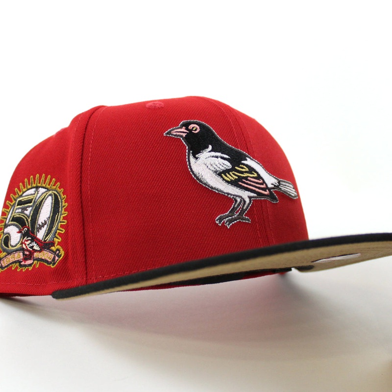 Baltimore Orioles 50th Anniversary 59Fifty New Era Fitted Hat (GITD SCARLET BLACK KHAKI UNDER BRIM) 7