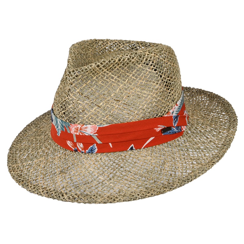 Brixton Hats Aloha Seagrass Straw Fedora Hat – Natural-Orange Small/Medium