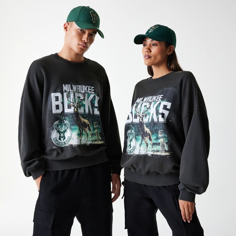 Milwaukee Bucks NBA Washed Graphic Grey Oversized Crew Neck Sweater XS