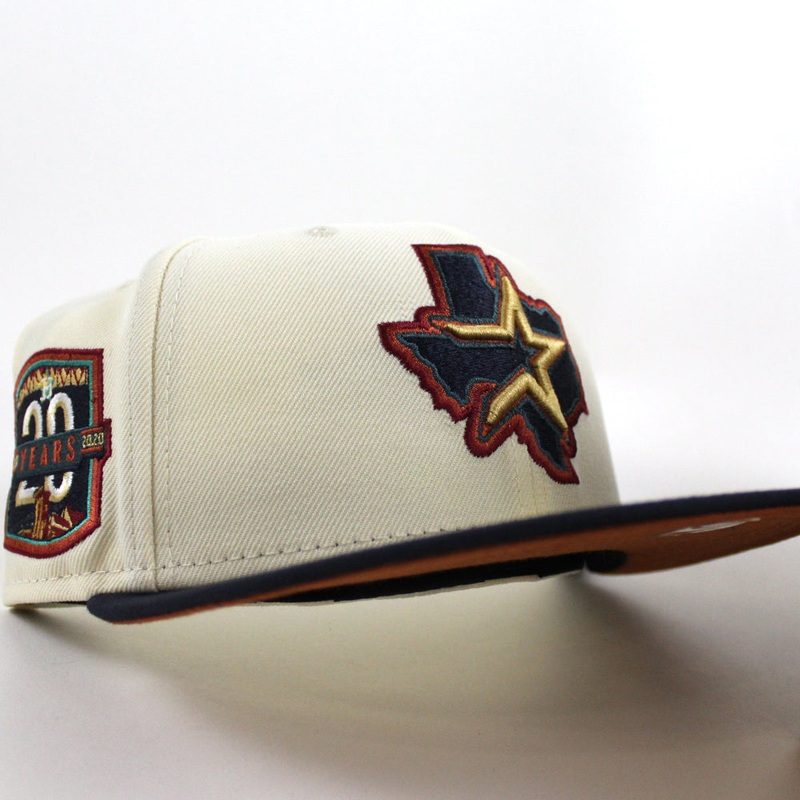 Houston Astros 20 Years Patch New Era 59Fifty Fitted Hat (Chrome White Night Shift Navy Rust Under Brim) 7