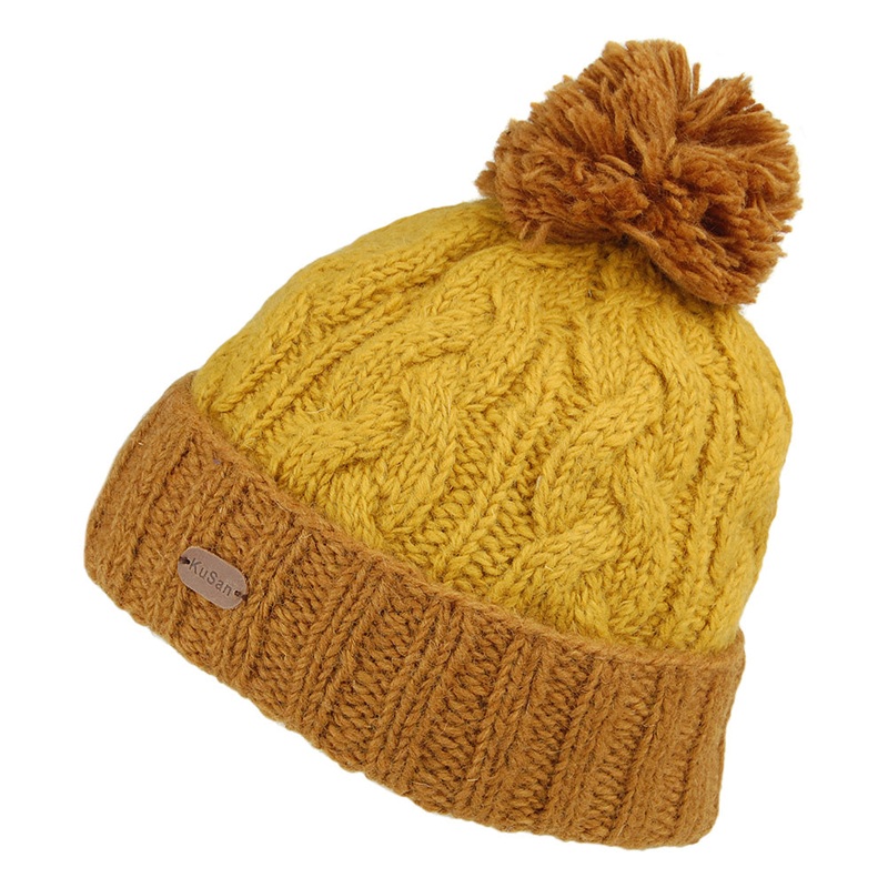 Kusan 2-Tone Cable Knit Turn Up Bobble Hat – Mustard 1-Size