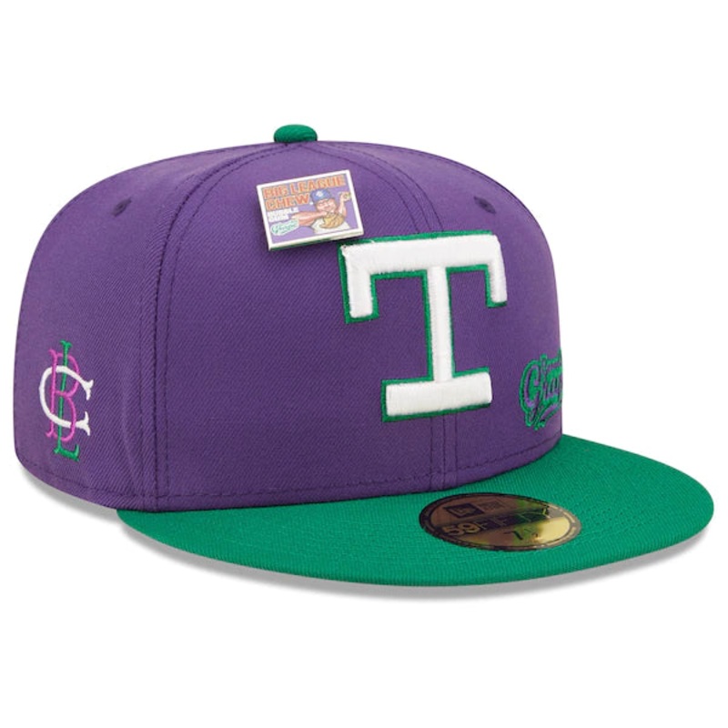 New Era MLB x Big League Chew  Texas Rangers Ground Ball Grape Flavor Pack 59FIFTY Fitted Hat – Purple/Green
