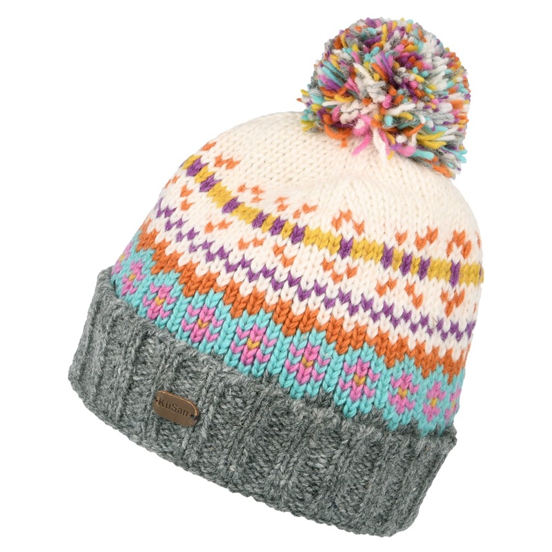 Kusan Mosaic Fair Isle Bobble Hat – Cream-Grey 1-Size