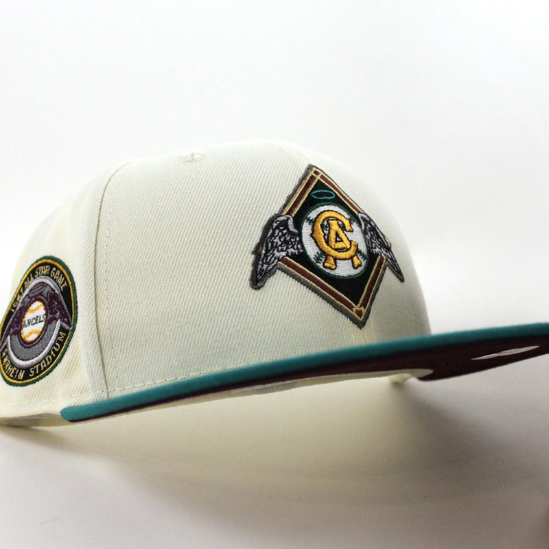 California Angels 67All Star Game New Era 59Fifty Fitted Hat (Glow in the Dark Chrome North West Green Maroon UNDER BRIM) 7