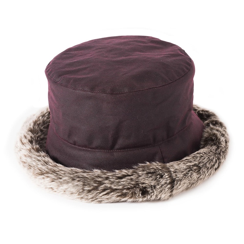 Failsworth Hats Classic Wax Cotton Faux Fur Trim Bucket Hat – Merlot 1-Size
