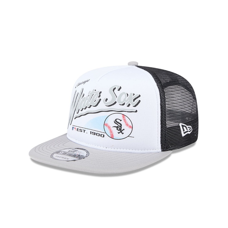 Chicago White Sox New Era RETRO SCRIPT 9Fifty A-Frame Mesh Trucker Snapback Hat – Black/Gray
