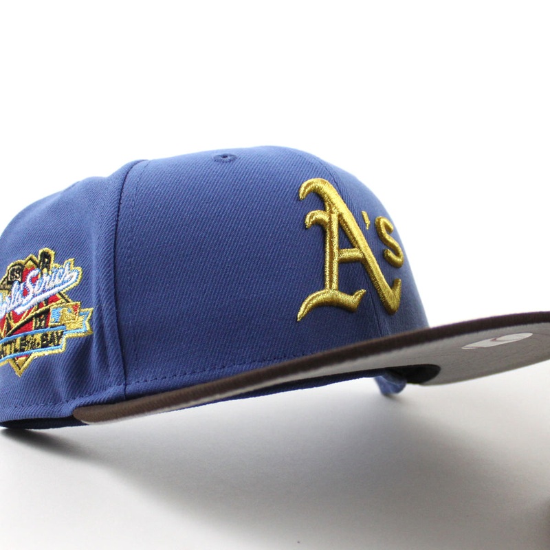 Oakland Athletics 1989 World Series New Era 59Fifty Fitted Hat (Indigo Blue BurntWood Brown Gray Under Brim) 7