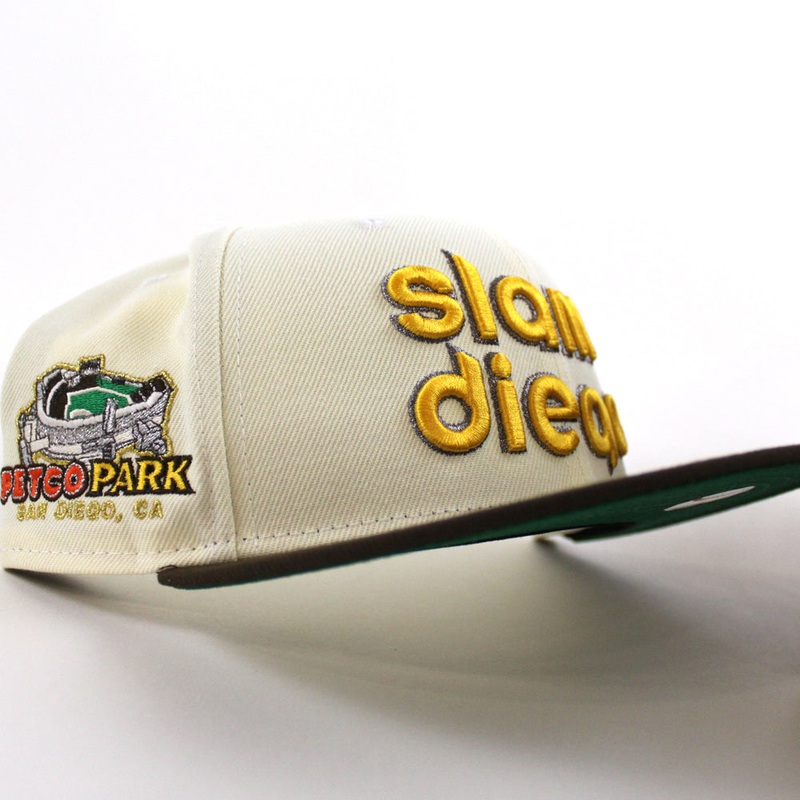 San Diego Padres (Slam Diego) Petco Park New Era 59Fifty Fitted Hat (Chrome White Walnut Green Under Brim) 7