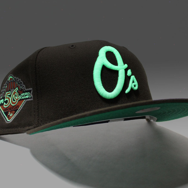 Baltimore Orioles 50TH Anniversary World Series Champs New Era 59Fifty Fitted Hat (Glow in the Dark Walnut Green Under Brim) 7