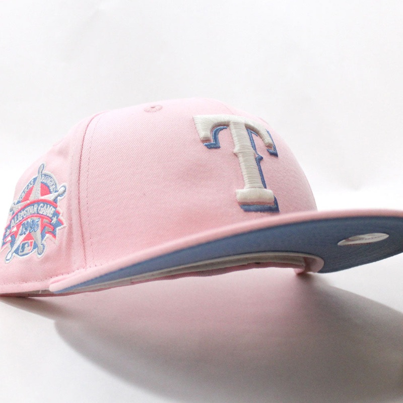 Texas Rangers 1995 All Star Game New Era 59Fifty Fitted Hat (Glow in the Dark Pink Sky Blue Under Brim) 7