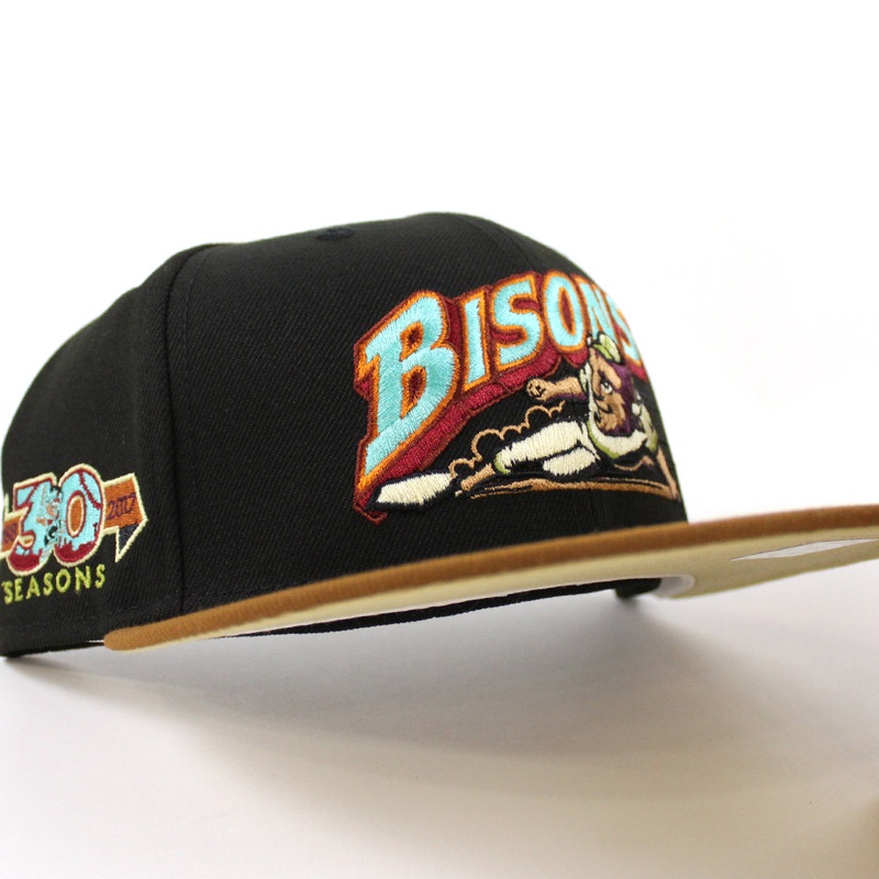 BUFFALO BISONS 30 SEASONS New Era 59Fifty Fitted Hat (BLACK TOASTED PEANUT POLY VEGAS GOLD Under Brim) 7