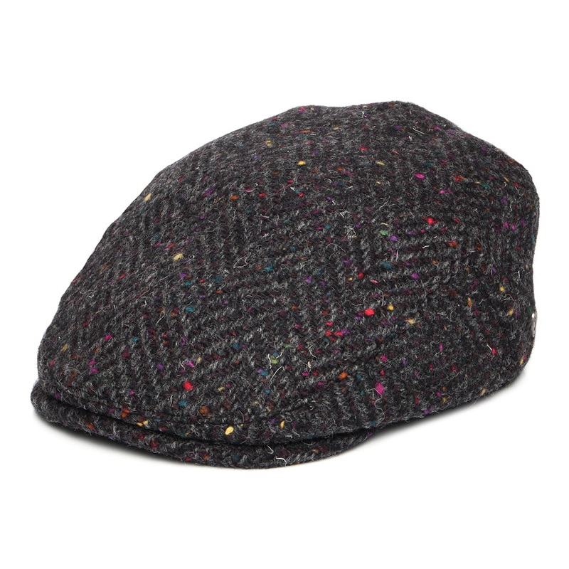 Jaxon & James Heavyweight Donegal Tweed Herringbone Finnegan Flat Cap – Charcoal-Multi S