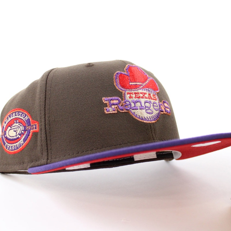 Texas Rangers Stadium Patch New Era 59Fifty Fitted Hat (Walnut Purple Red Under Brim) 7