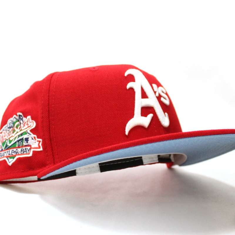 Oakland Athletics BATTLE OF THE BAY 1989 World Series New Era 59Fifty Fitted Hat (Red Sky Blue Under Brim) 7