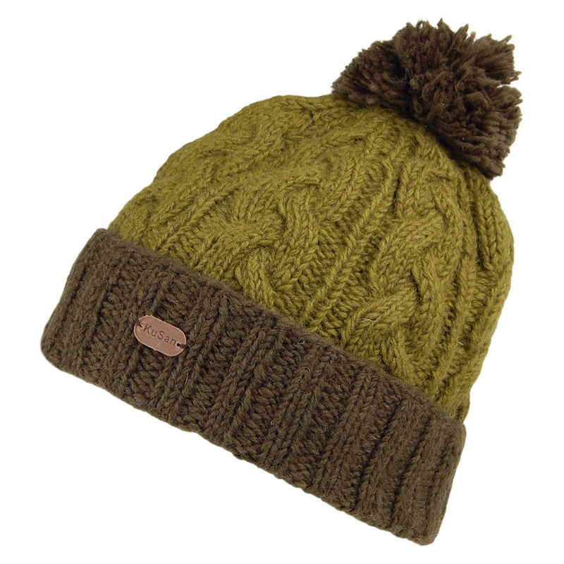 Kusan 2-Tone Cable Knit Turn Up Bobble Hat – Olive-Green 1-Size