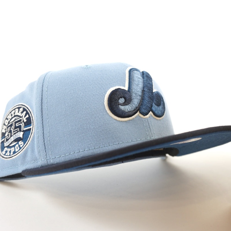 Montreal Expos 35th Anniversary New Era Fitted 59Fifty Hat (GITD BIRDSEYE BLUE NAVY SEASHORE BLUE Under Brim) 7