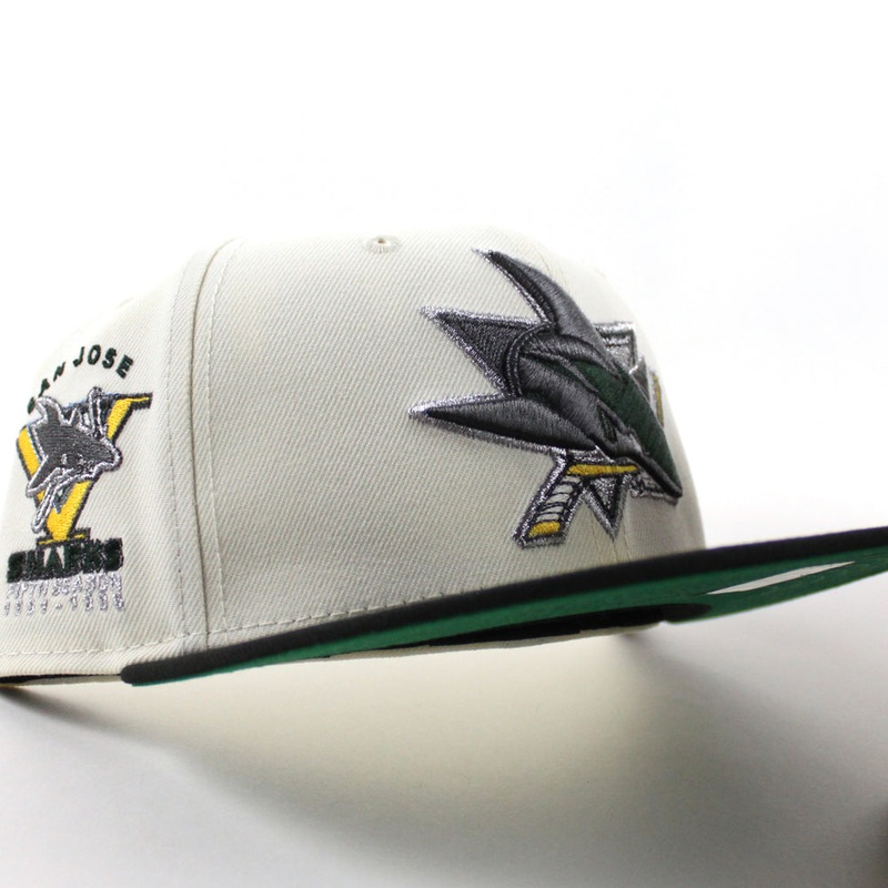 Retro San Jose Sharks 5th Season New Era 59Fifty Fitted Hat (Chrome White Black Green Under Brim) 7