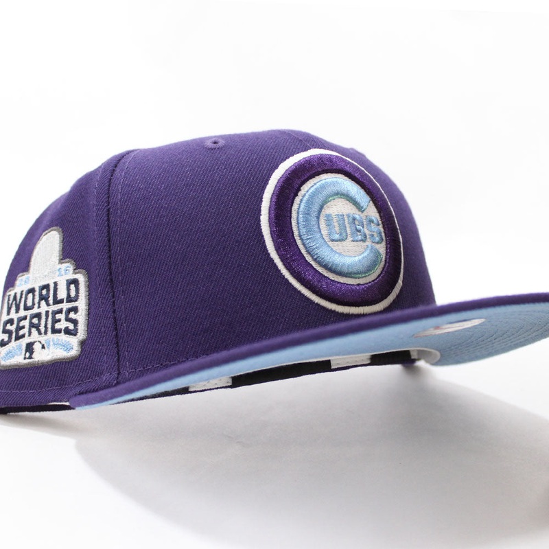 Chicago Cubs 2016 World Series New Era 59Fifty Fitted Hat (Glow in the Dark Purple Sky Blue Under Brim) 7
