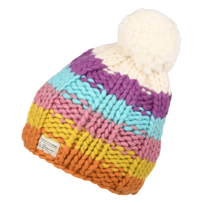 Kusan Rainbow Moss Stitch Yarn Bobble Hat – Cream-Multi 1-Size
