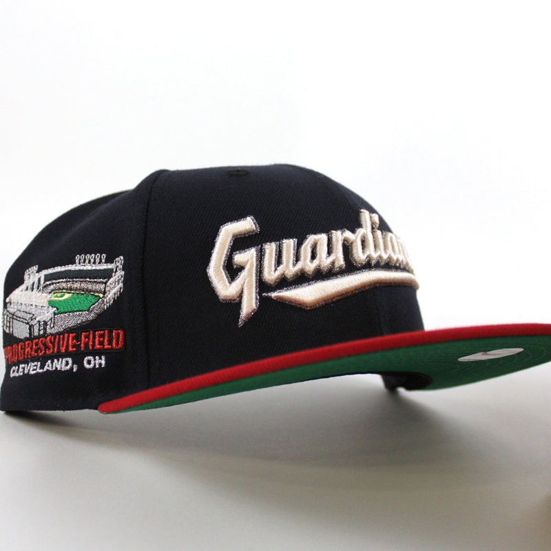 Cleveland Guardians Progressive Field New Era 59Fifty Fitted Hat  (Scarlet Red Navy Green Under Brim) 7