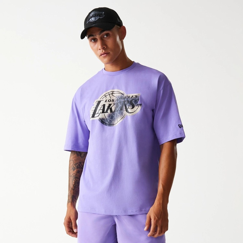 LA Lakers NBA All Over Print Infill Purple Oversized T-Shirt XS
